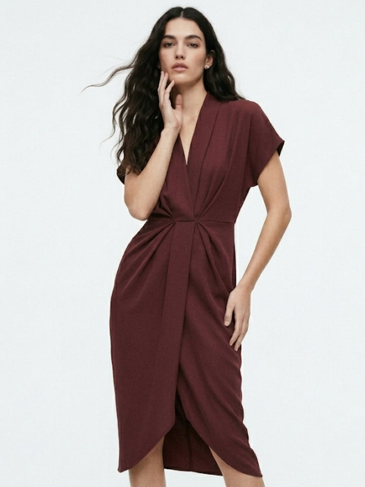 Maroon Short Sleeve V Neck Waist Tie-Up Dress