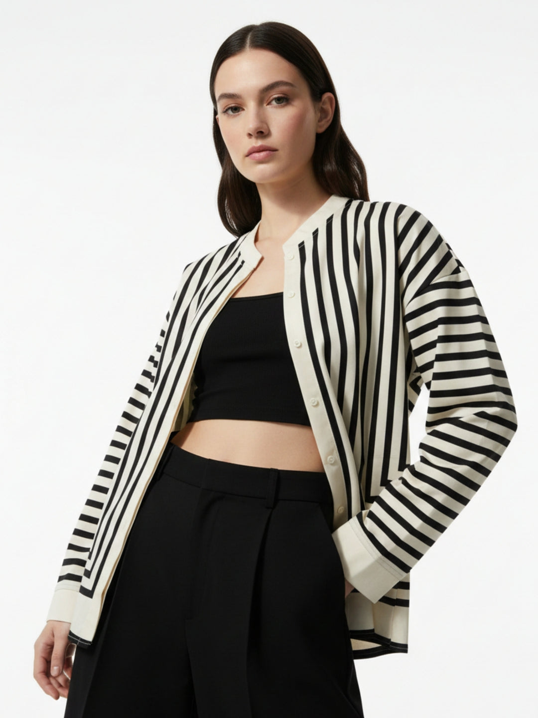 Beige Flowy Striped Scarf Blouse