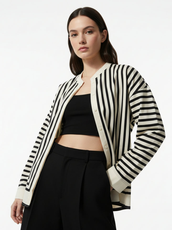 Beige Flowy Striped Scarf Blouse