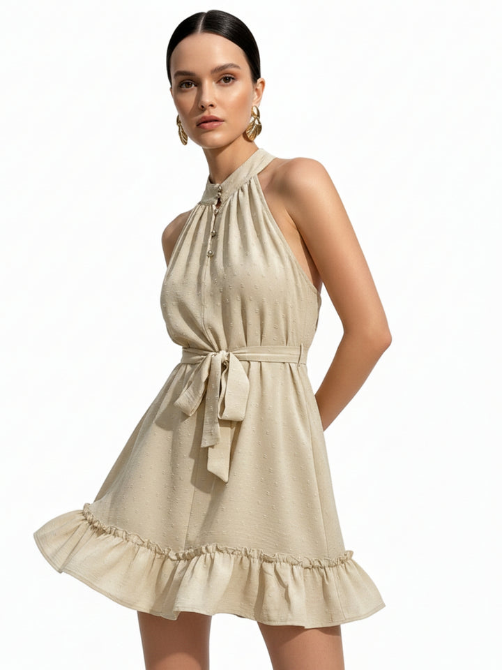 Peach Halter Neck Waist Tie-Up Ruffle Hem Dress