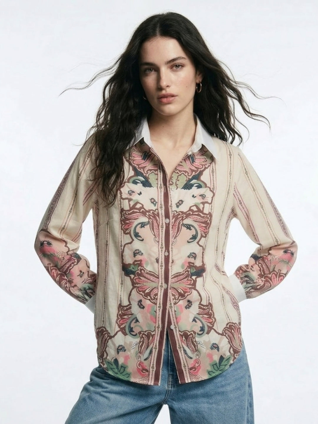 Cream Placement Printed Collared Button Down Shirt