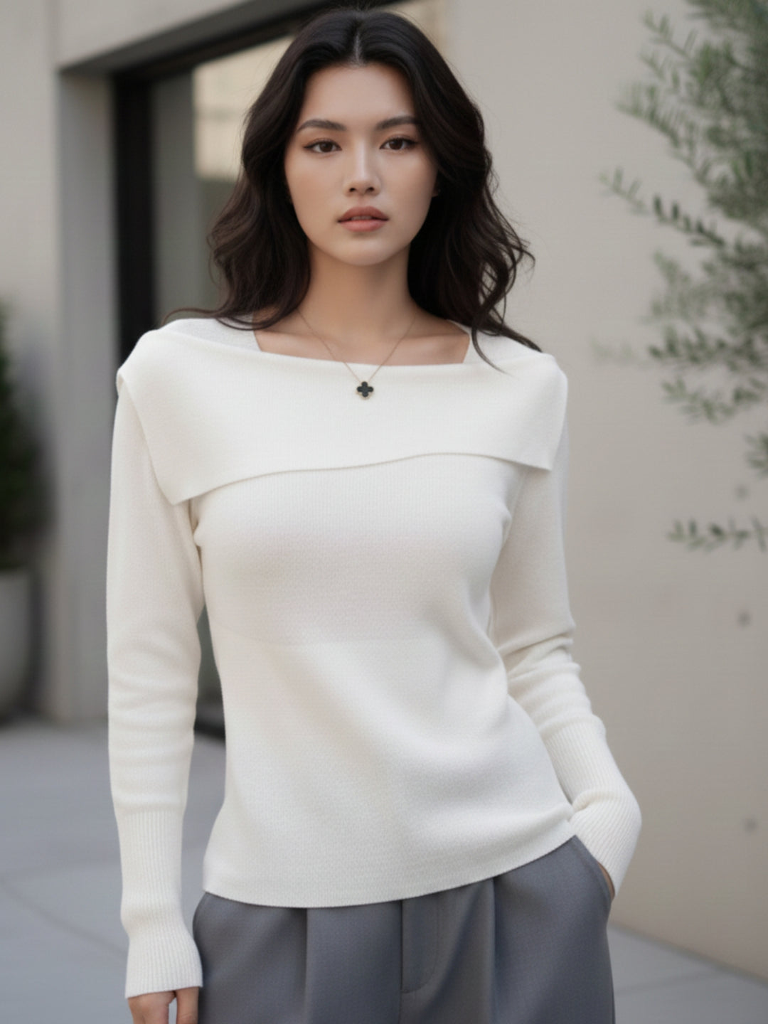 Off White Full Sleeve Round Neck Neck Wrap Top