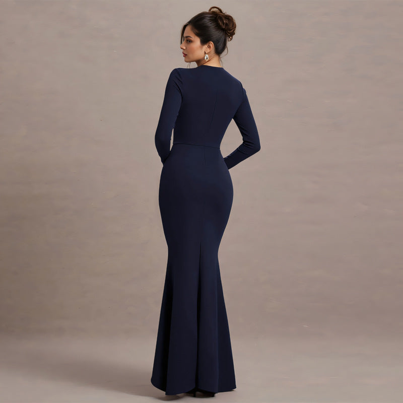 Navy Blue High Neck Fitted Dress With Side Ruffle Detail