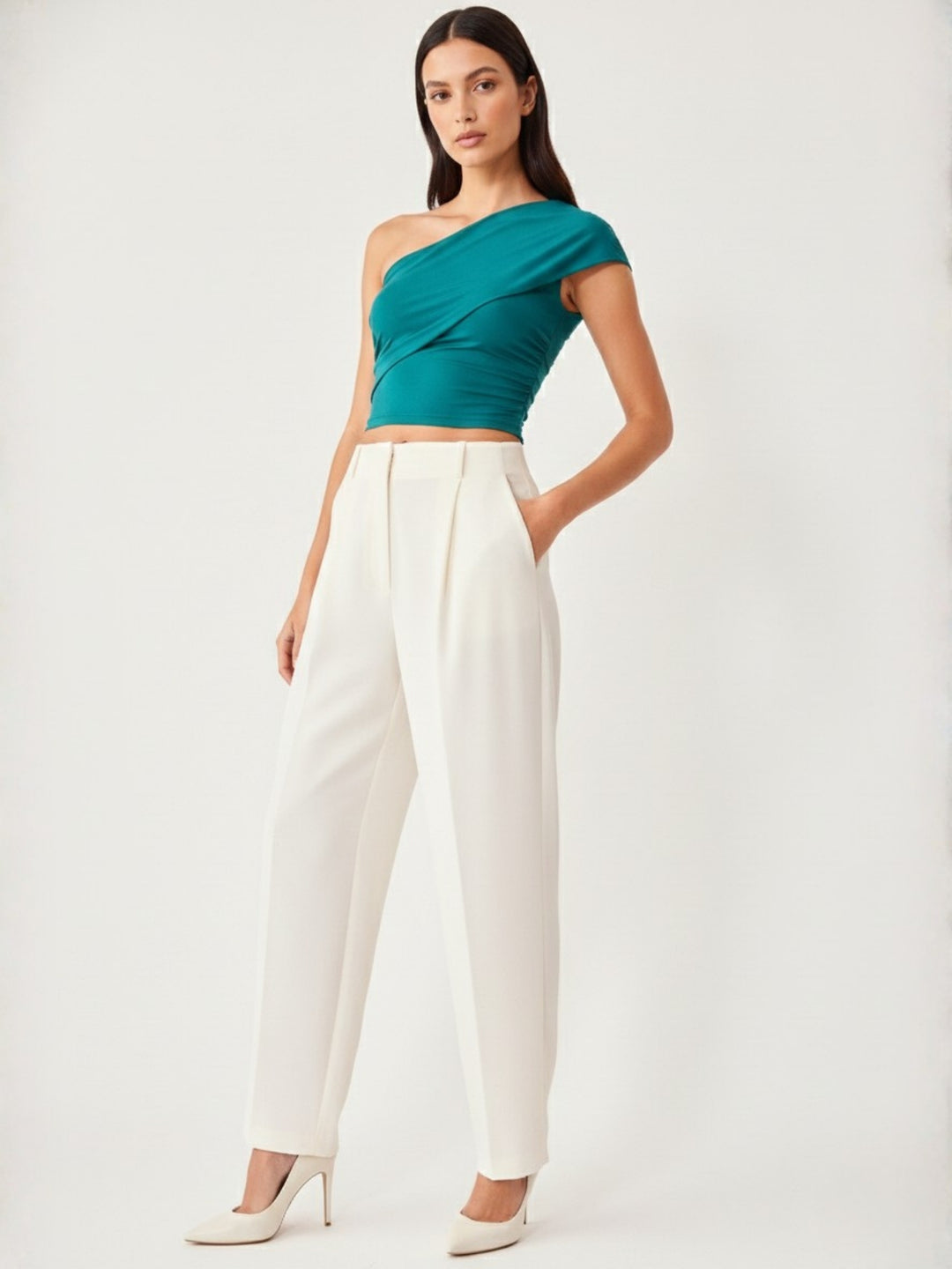 Green Textured One Shoulder Knit Top