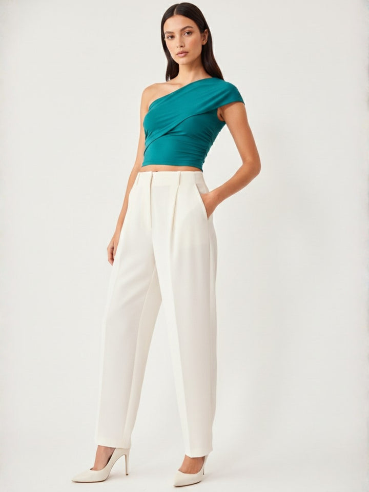 Green Textured One Shoulder Knit Top
