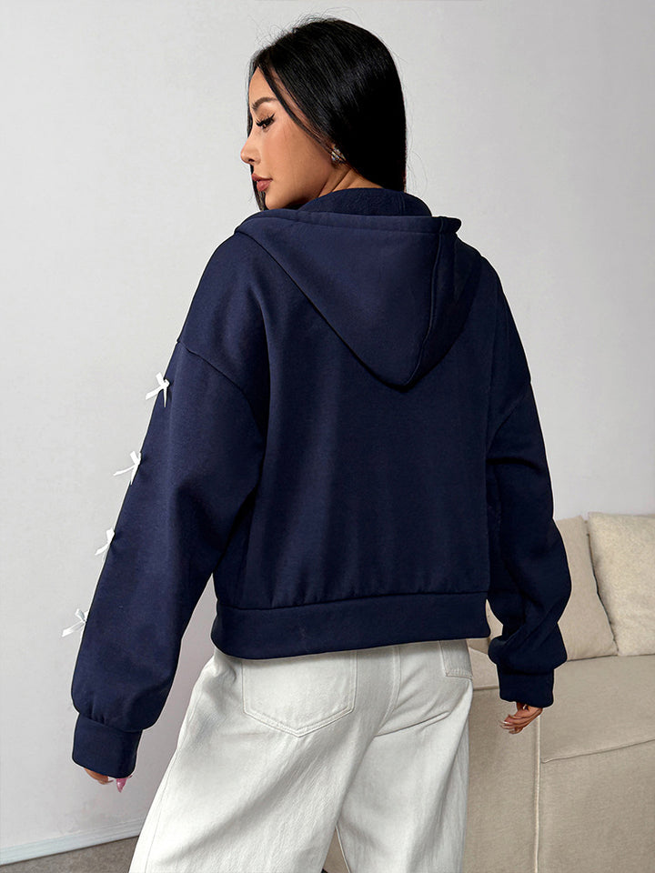 Navy Blue Full Sleeve Bow Detail Front Zip Jacket
