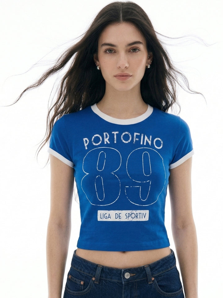 Blue Raglan Cropped Top With Graphic Print