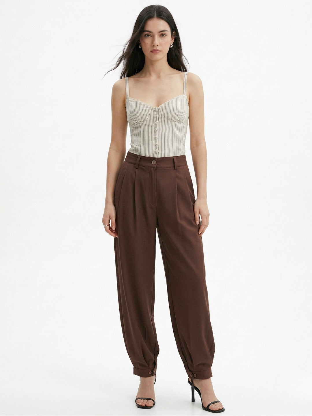 Brown High Waist Pleated Ankle Length Trousers