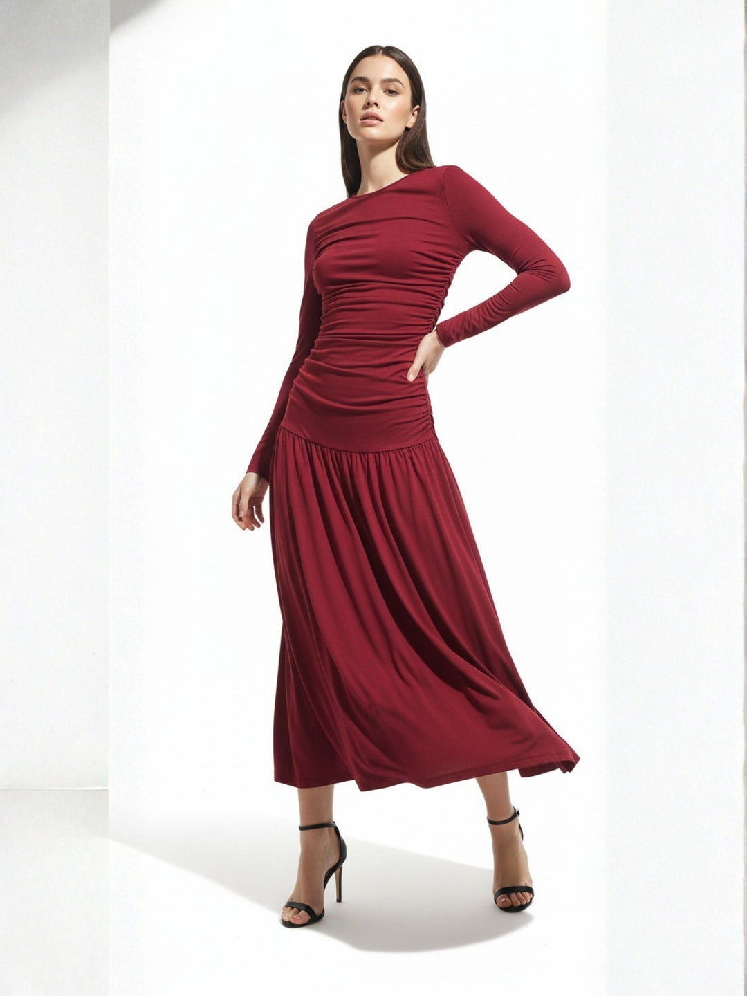 Red Fitted Waist Solid Flared Hem Dress