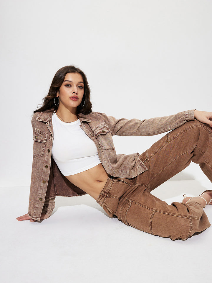 Brown Coloured Washed Denim Jacket