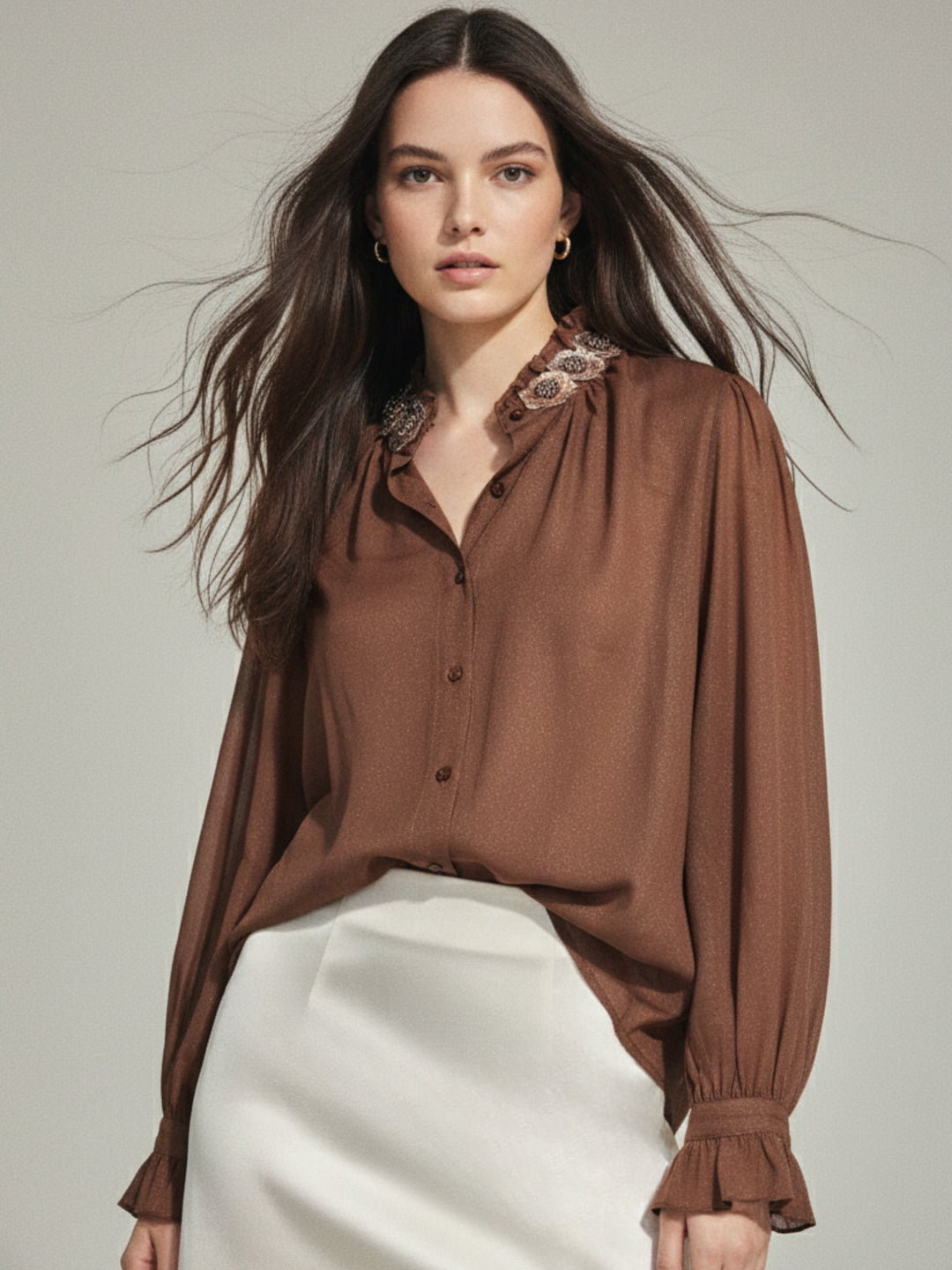 Brown Partywear Embellished Floral Applique Shirt