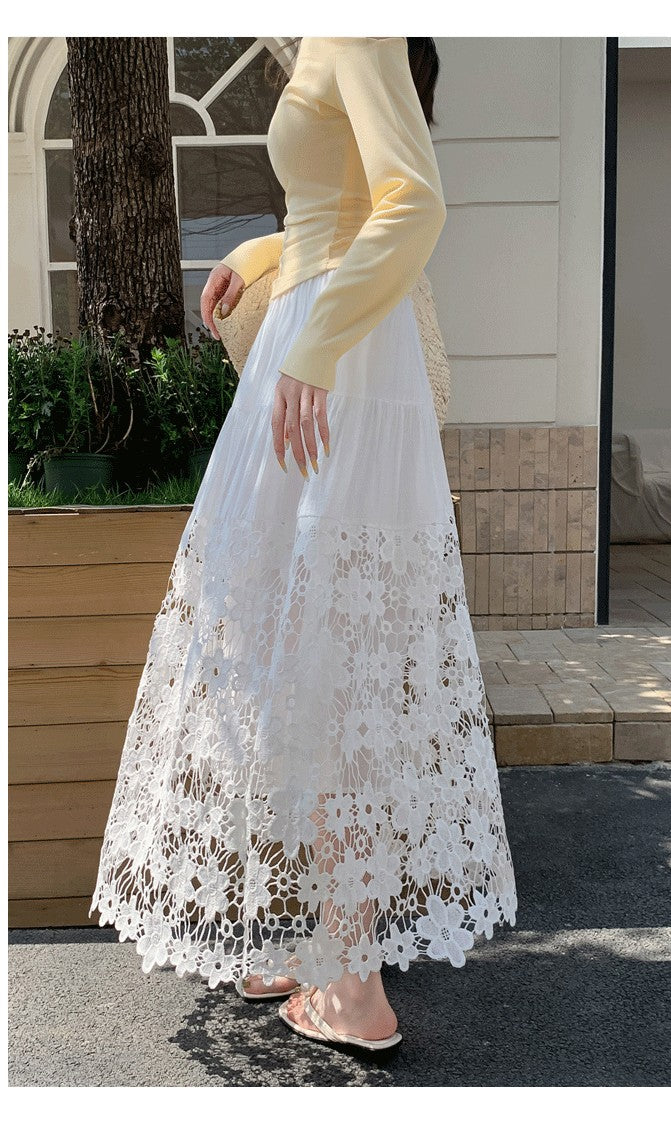 White Solid Skirt With Large Bottom Lace Hem