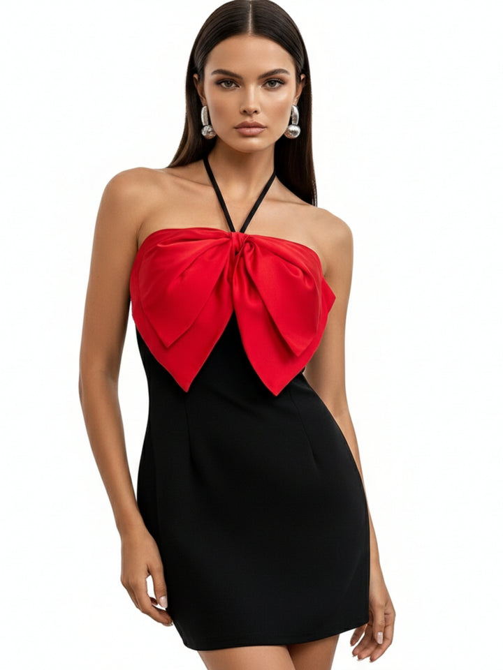 Black Halter Neck Bow Detail Dress