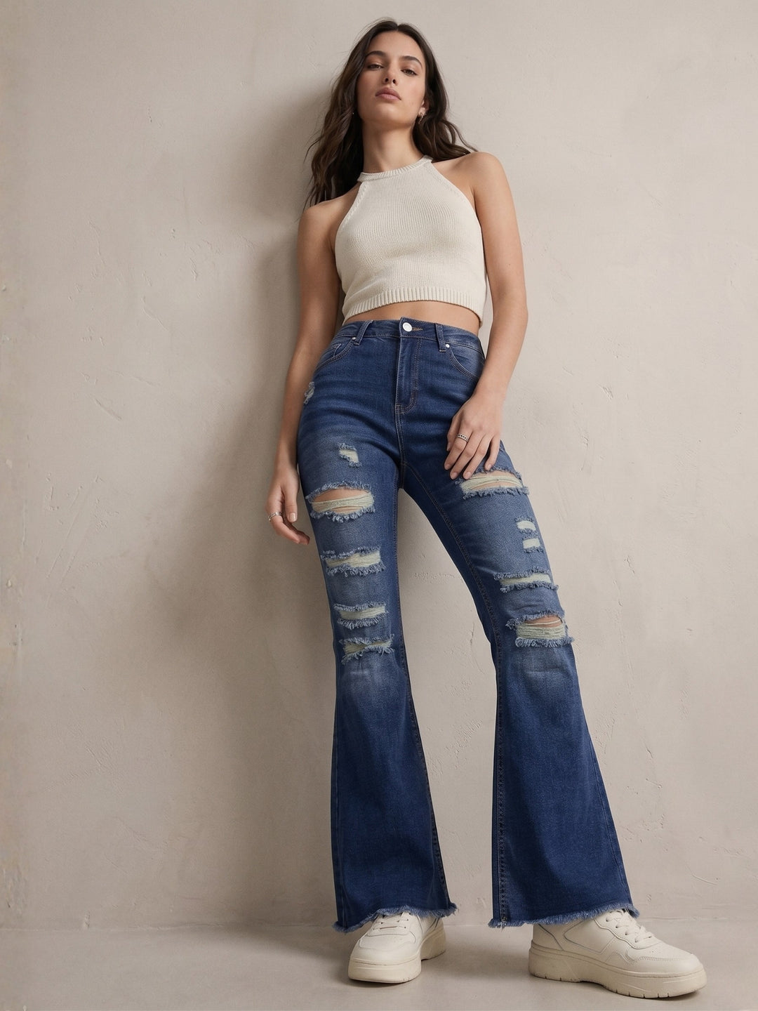 Navy Blue Mid Rise Distressed Jeans