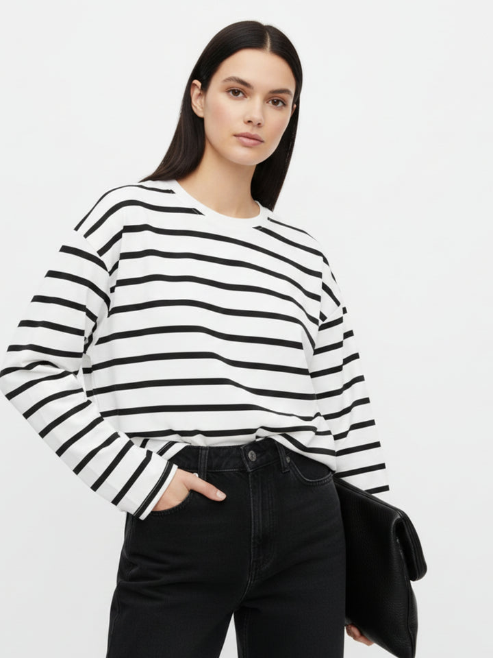 White Full Sleeve Striped Relaxed Sweatshirt