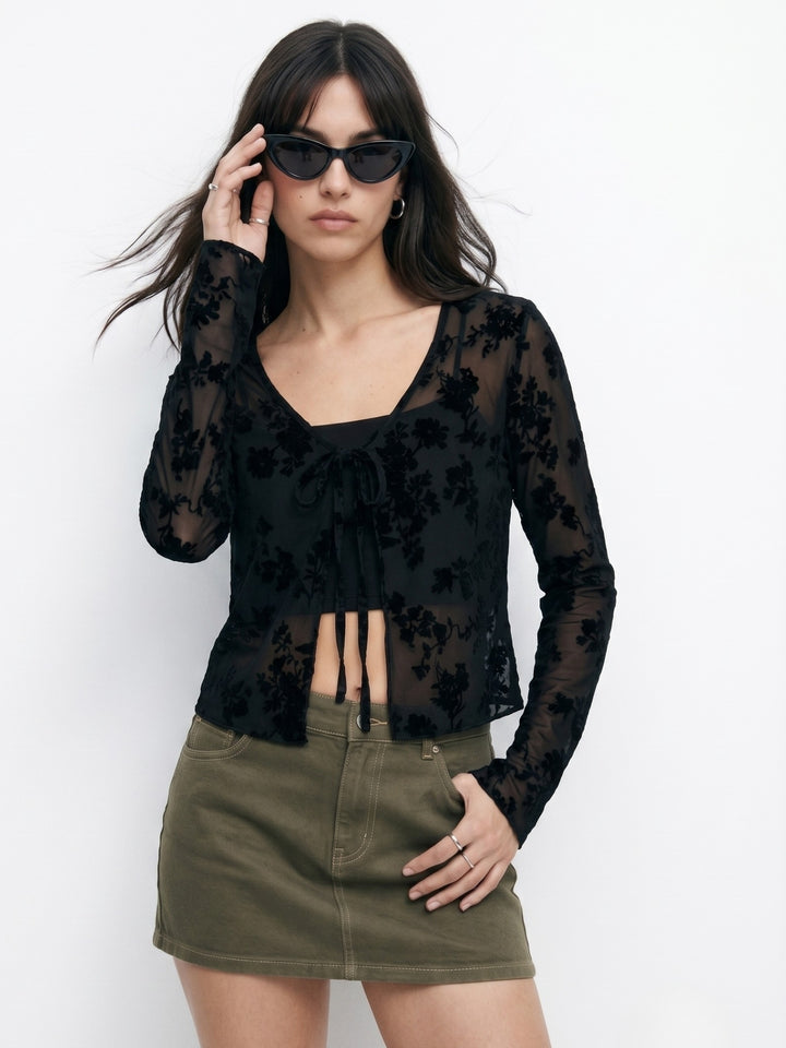 Black Printed Full Sleeve Tie-Up Top