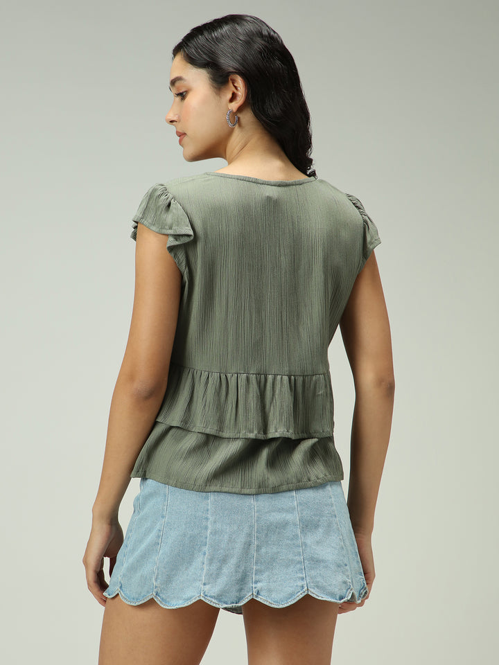 Olive Button Down Tiered Top