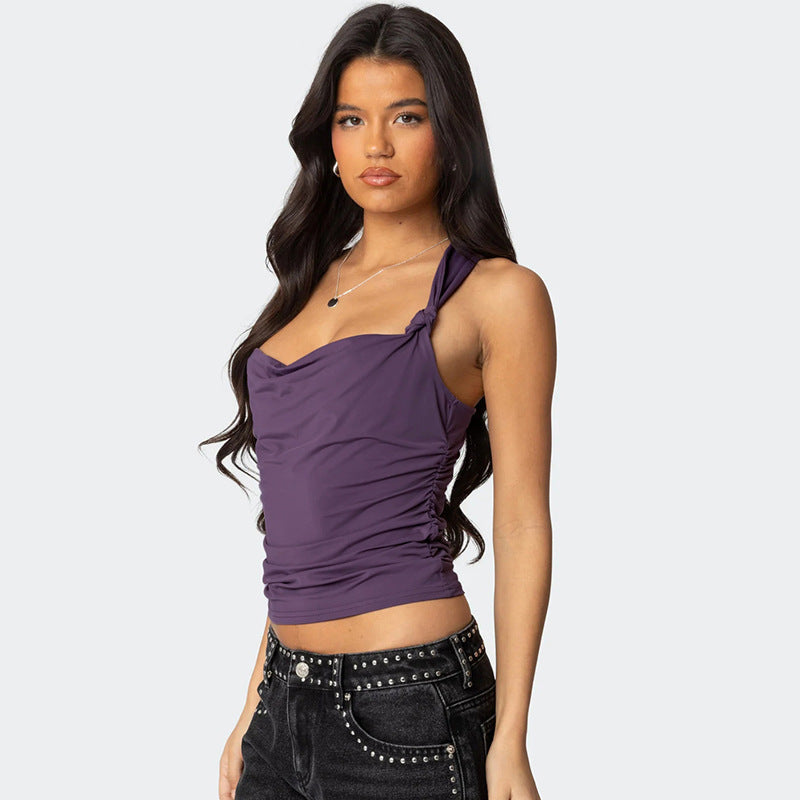 Purple Halter Cowl Neck Fitted Top