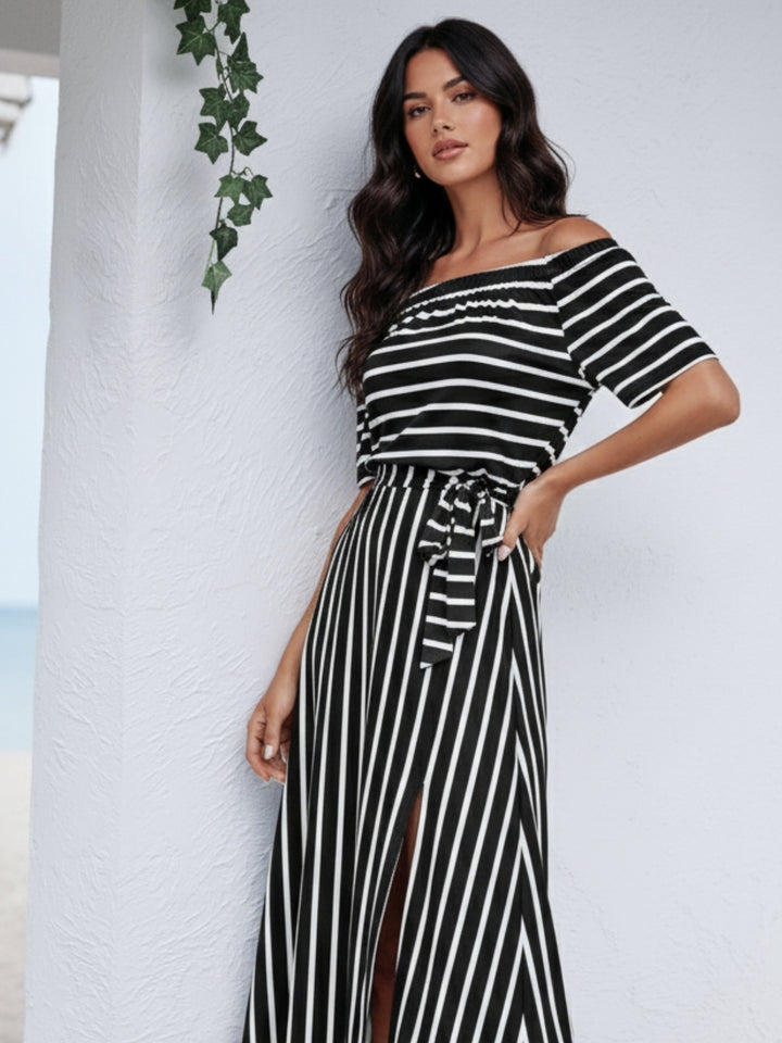 Black Off Shoulder Striped Slit Dress