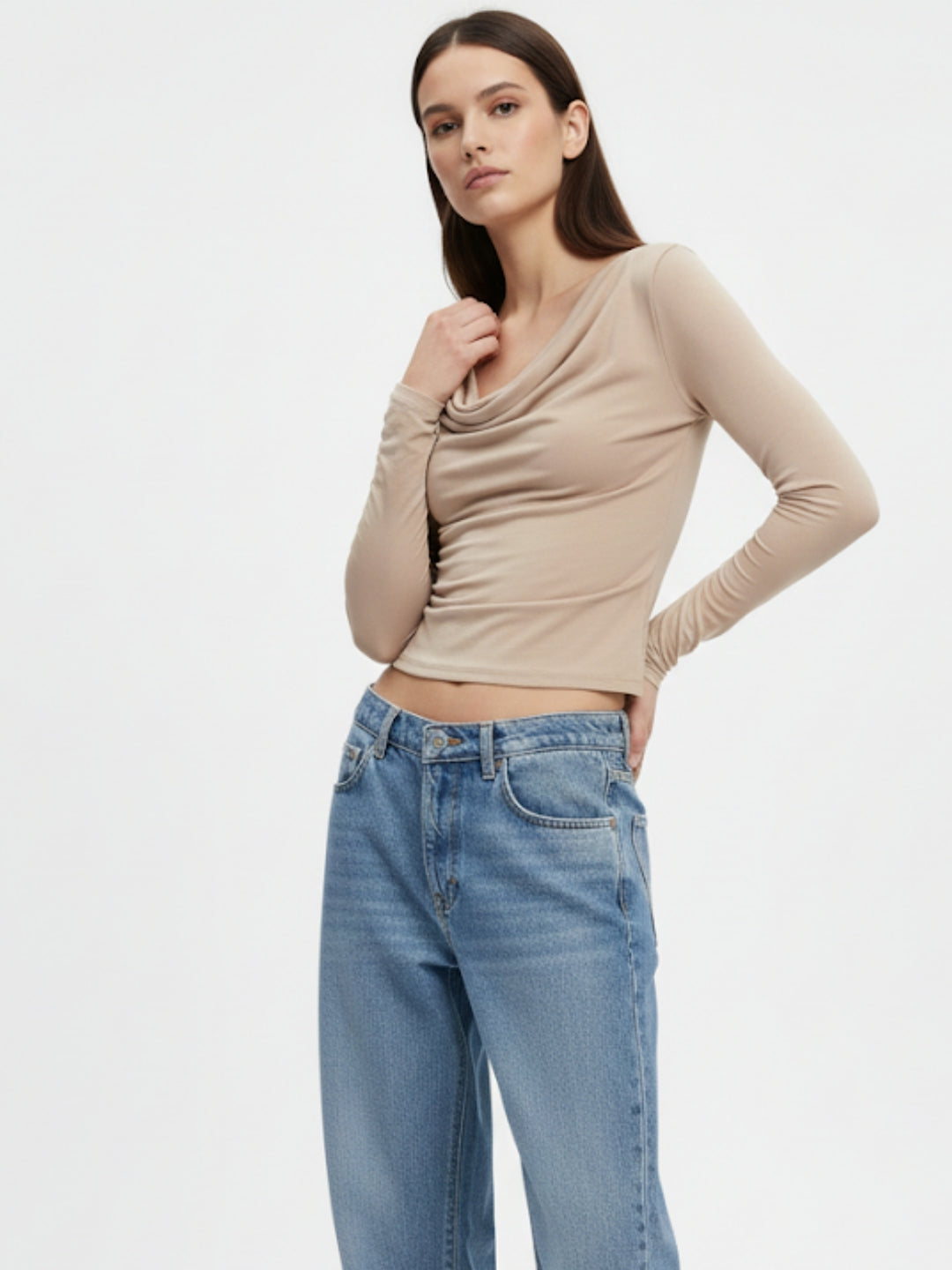 Beige Cowl Neck Fitted Top