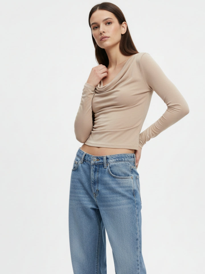Beige Cowl Neck Fitted Top