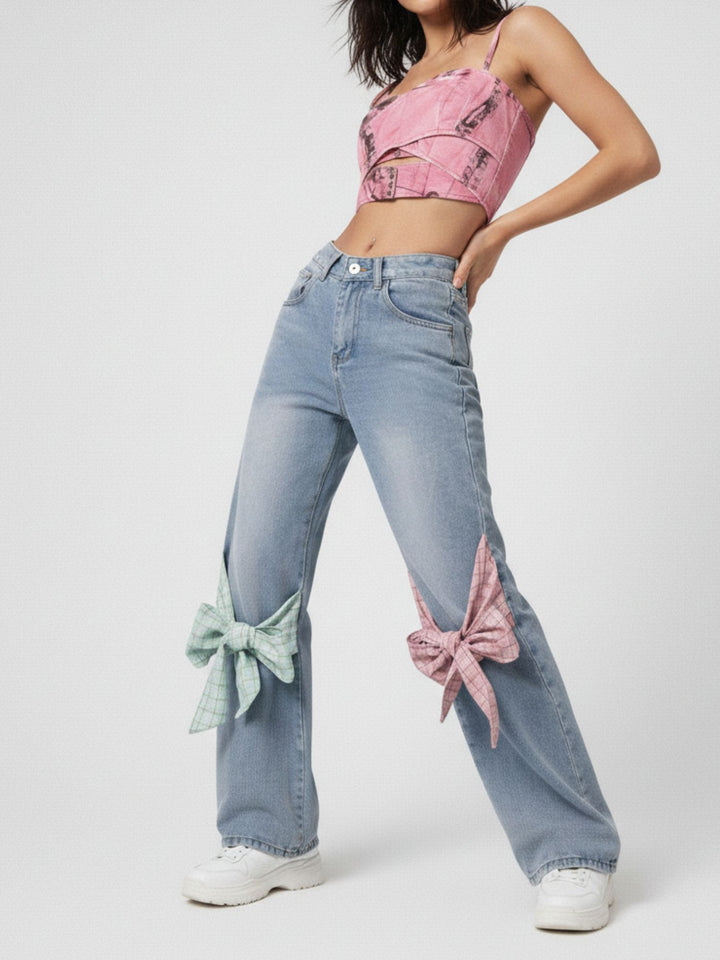 Blue 2 Contrast Bows Wide Leg Denim