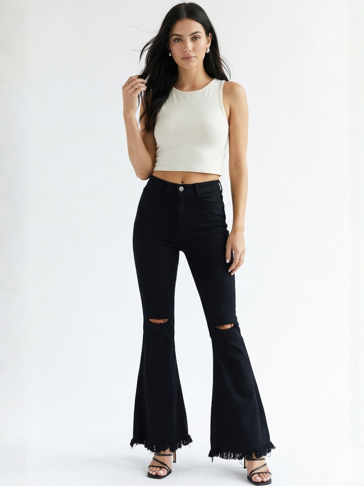 Black Flared Denim With Knee Distress