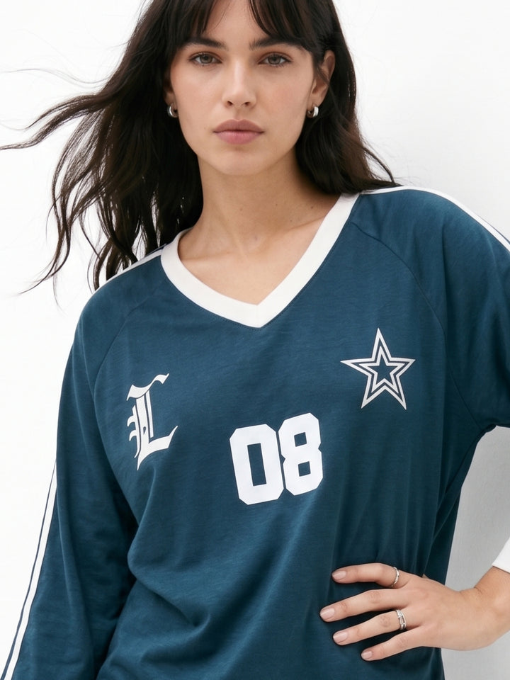 Teal Contrast V Neck Full Sleeved Varsity Graphic T-Shirt