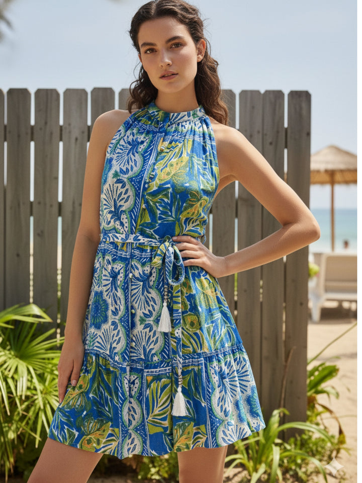 Blue Mini Printed Dress With Belt Detail