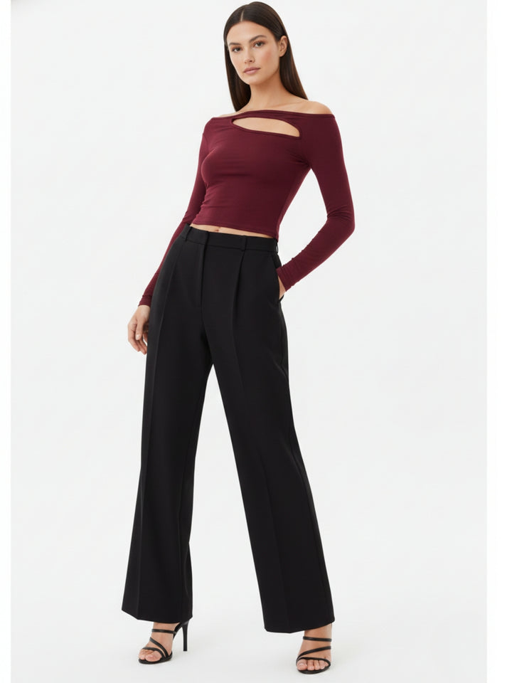 Maroon Neck Cut-Out Detail Top