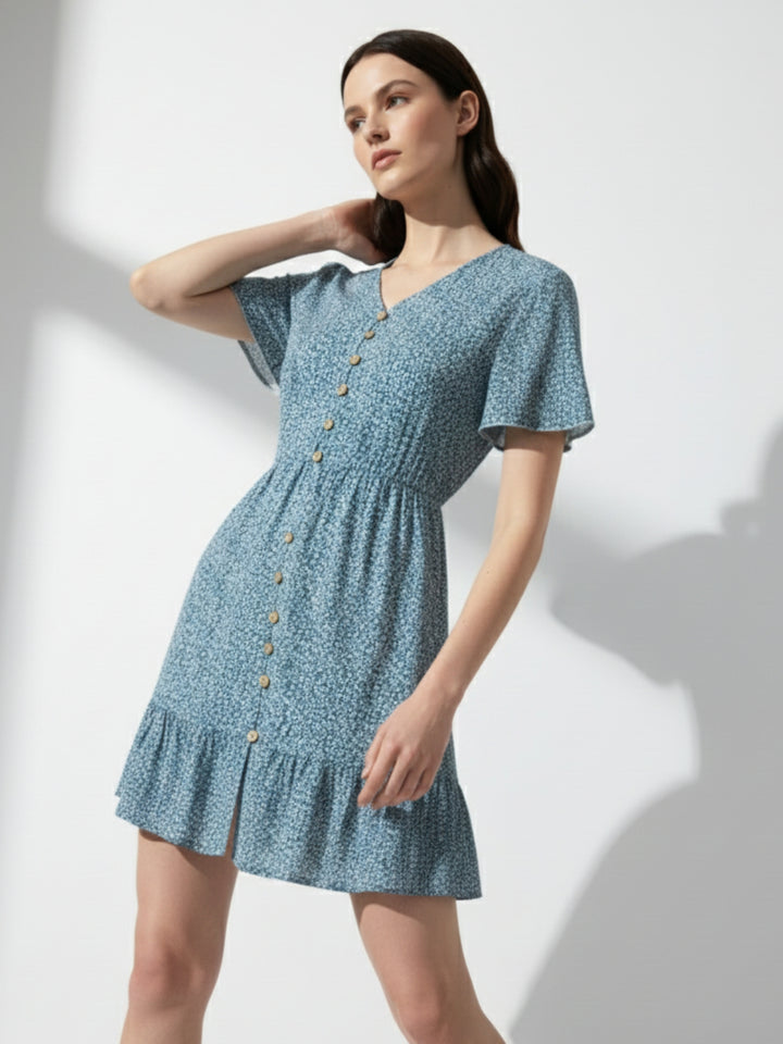 Blue Bell Sleeve V Neck Tiered Dress
