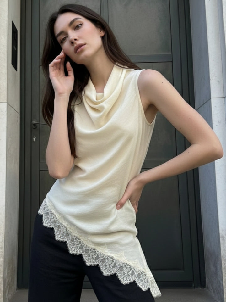 Cream Mock Neck Lace Hem Top