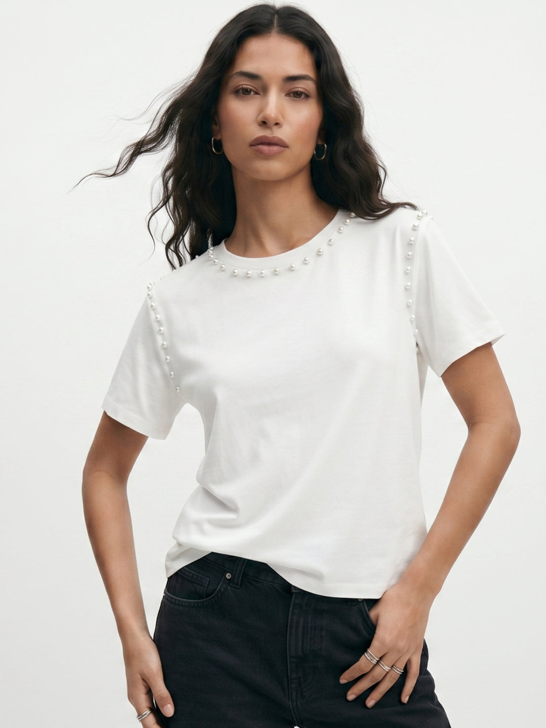 White Crew Neck Studded Top