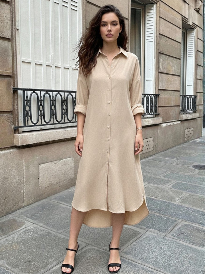 Brown Longline Button Down Shirt Dress