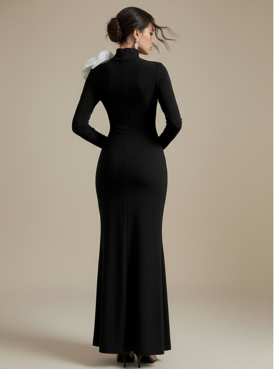 Black High Neck Fitted Dress With Contrast Floral Corsage