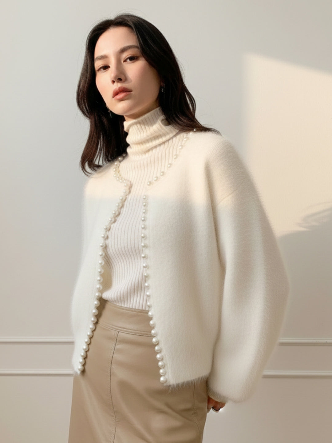 White Contrast Hem Detailing Slouchy Cardigan