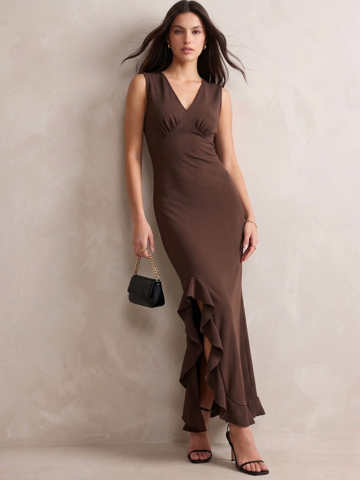 Brown Textured Asymmetric Hem Maxi Dress
