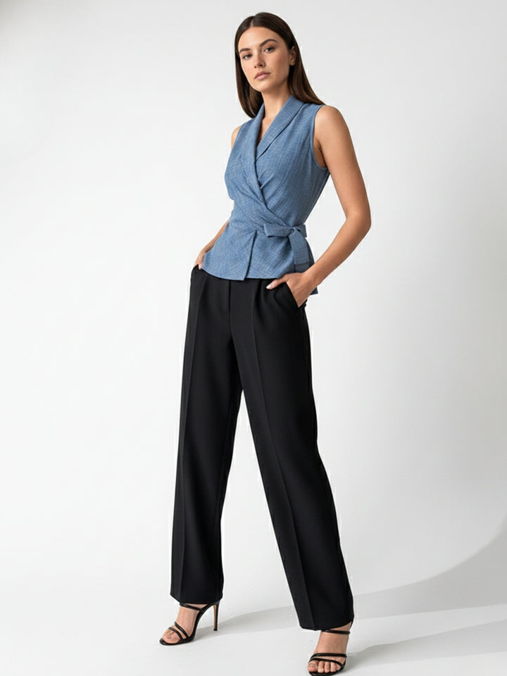 Blue Lapel Collar Wrap Top With Side Tie Detail