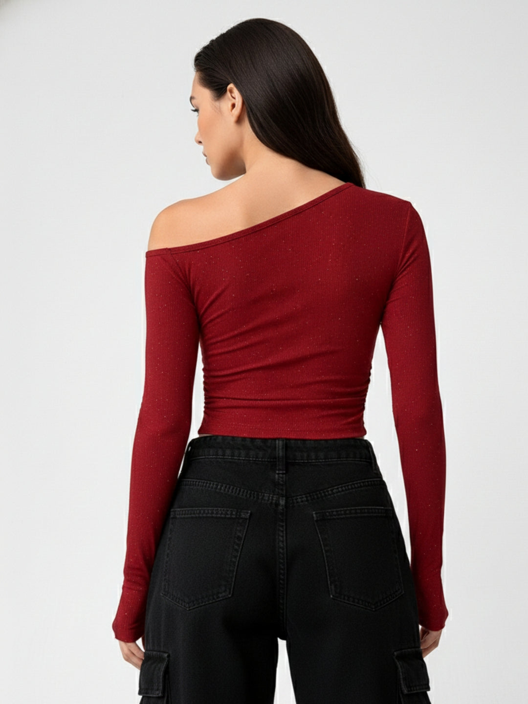 Red One Shoulder Fitted Shimmer Top
