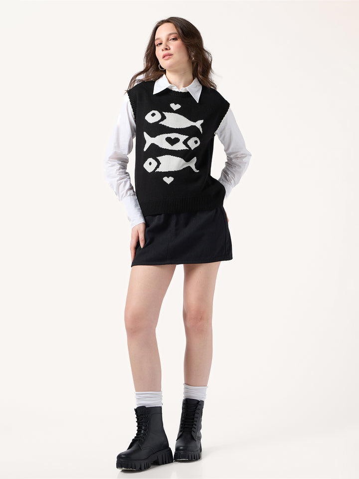 Black Sleeveless Contrast Rib Sweater