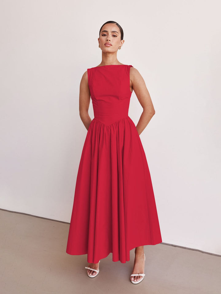 Red Sleeveless Solid Flared Dress