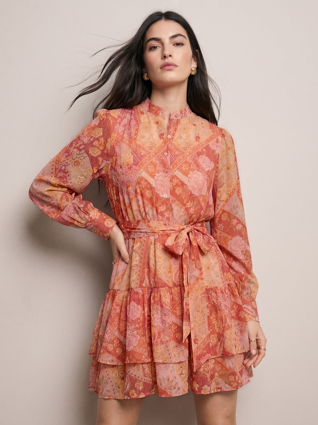 Orange Mini Length Tier Dress With Band Collar And Half Placket