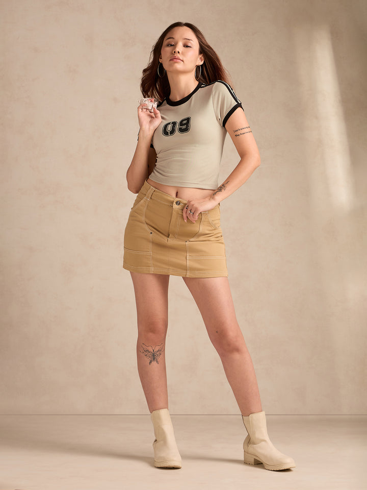 Beige Cotton Ribbed Contrast Detail Crop Tee