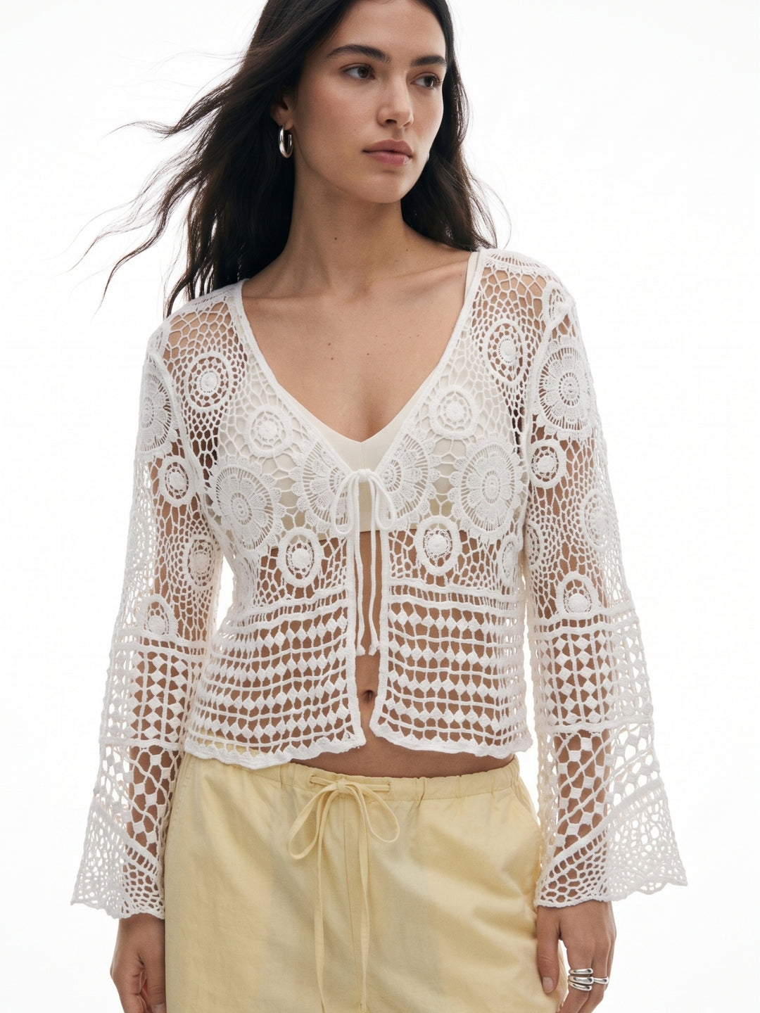 Off White Front Tie-Up Bell Sleeve Crochet Top