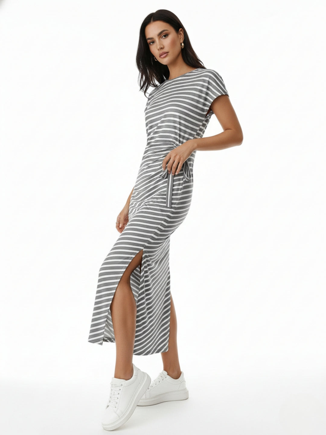 Grey Short Sleeve Waist Knit Detail Striped Dress