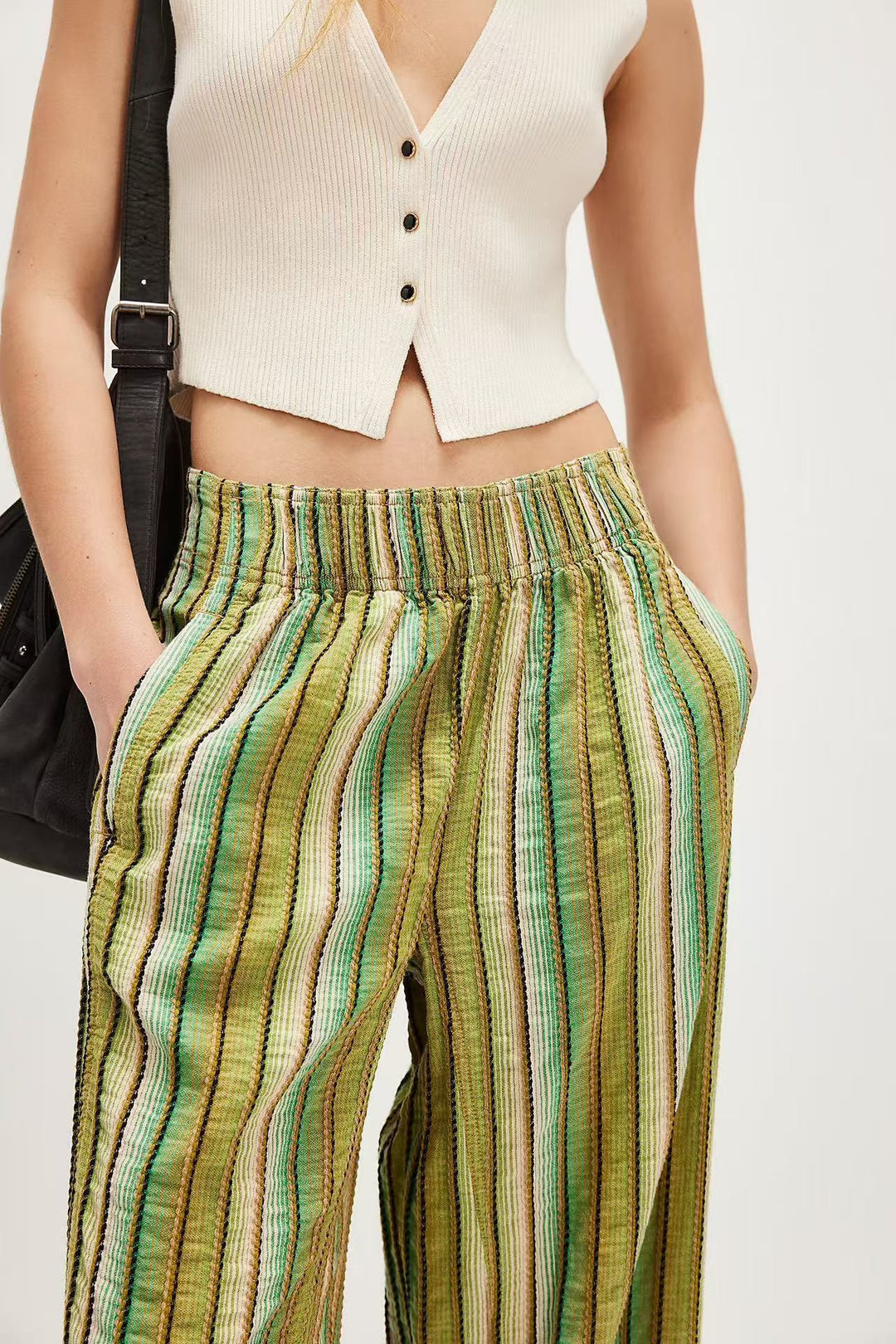 Green High Waist Striped Pants