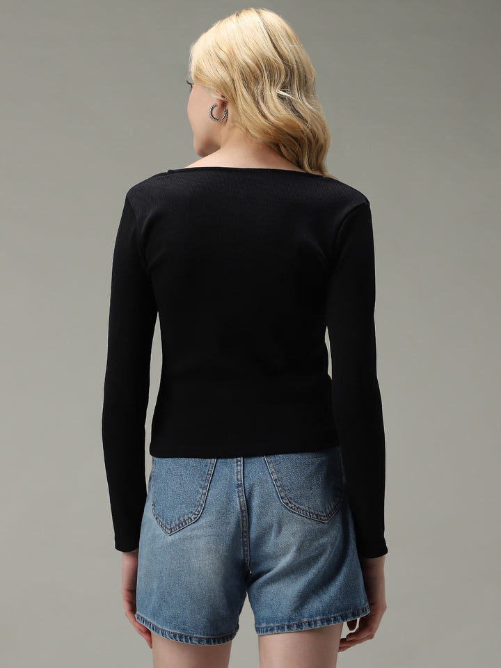 Black Button Down Ribbed Knit Top