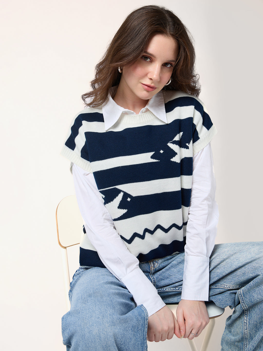 Navy Blue Relaxed Cropped Graphic Sweater