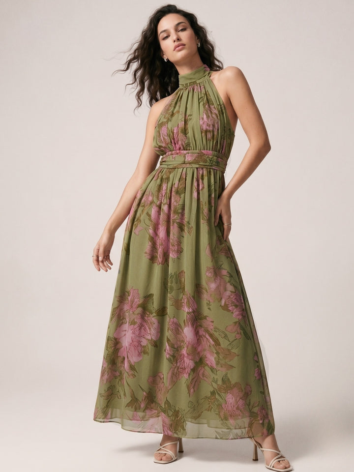 Green Halter Neck Printed Dress With Cinched Waist