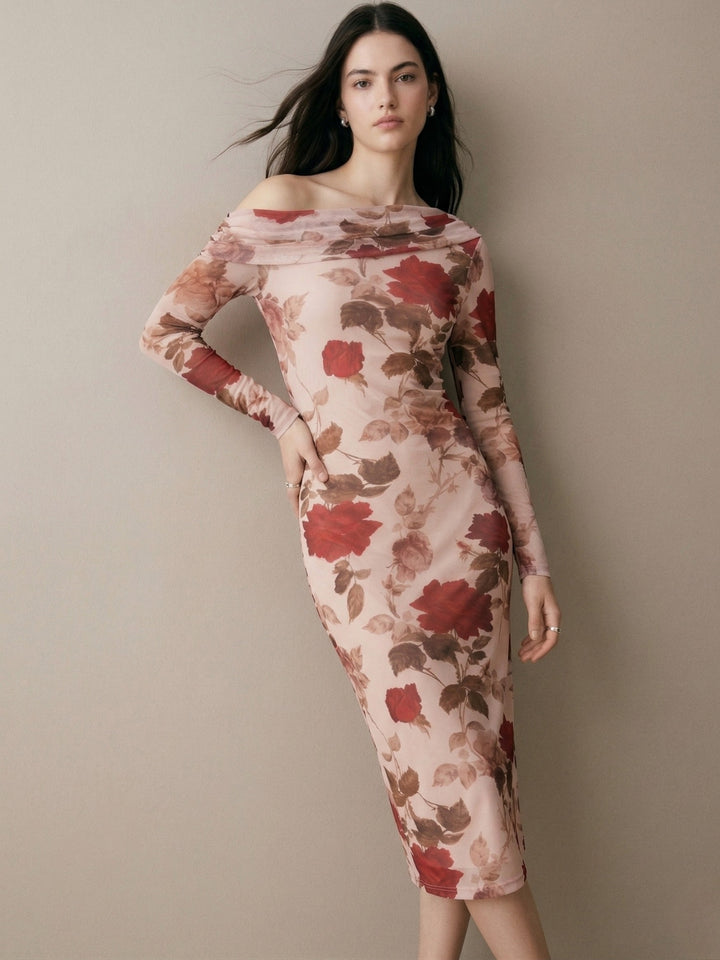 Beige Mesh Printed Off-Shoulder Midi Dress